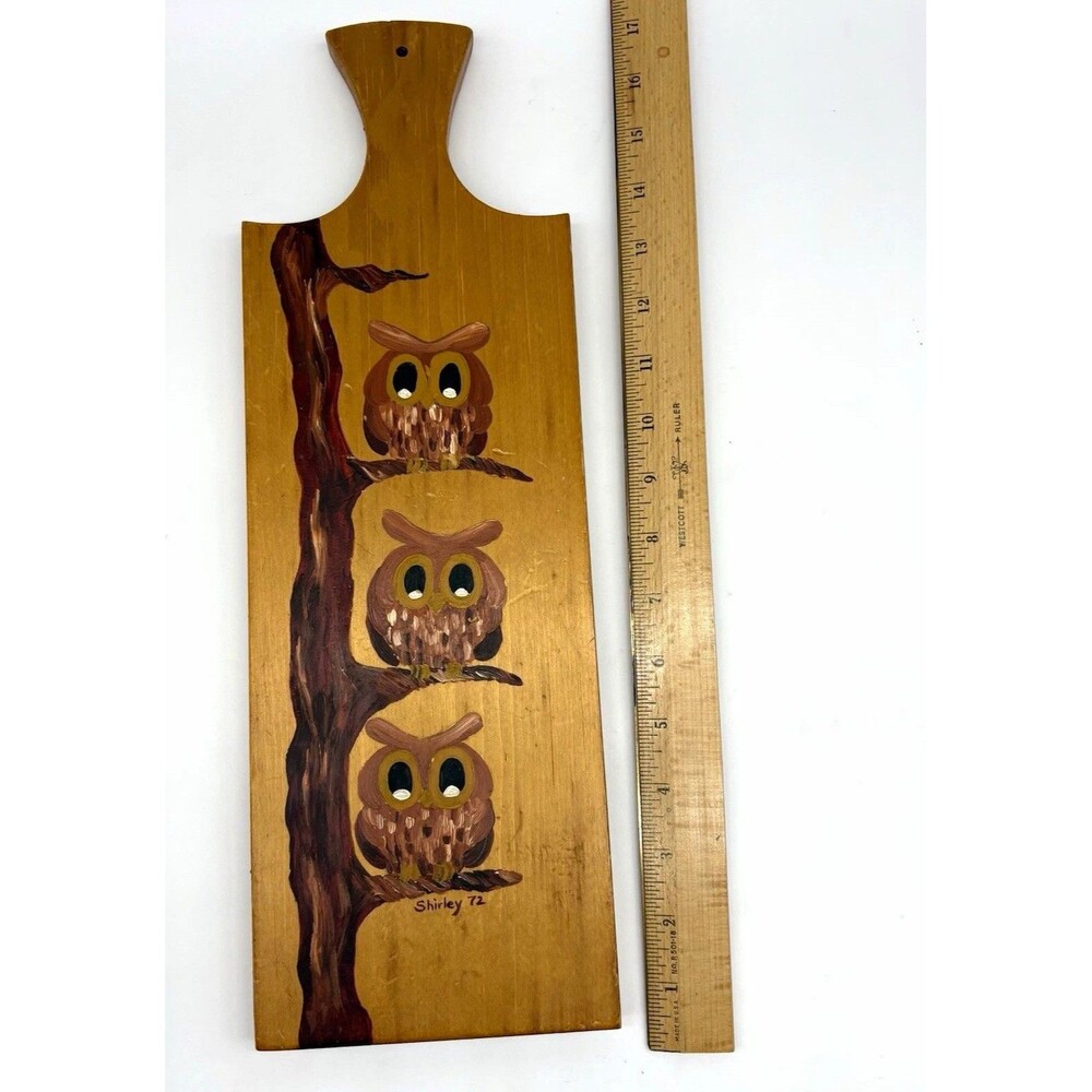 Vintage Hand-Painted Owl Wood Bread Board Cutting Board 24in Hanging Hole